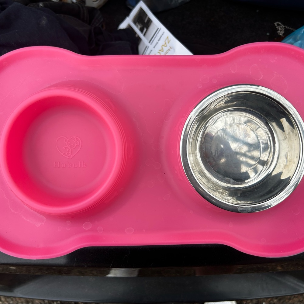 Pink Pet Feeding Mat with Stainless Steel Bowl